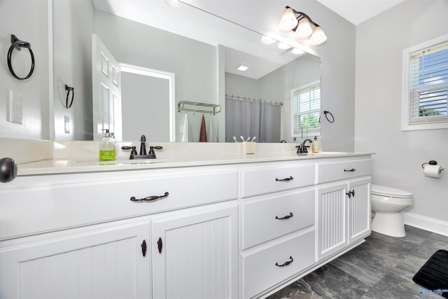 16290 Log Cabin Rd, Athens, AL 35611 - full bathroom featuring double vanity, toilet, baseboards, and a shower with shower curtain