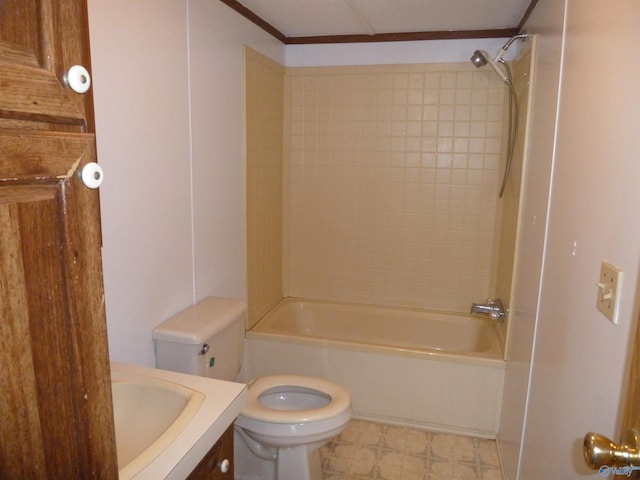 full bathroom with shower / bath combination, toilet, vanity, and crown molding