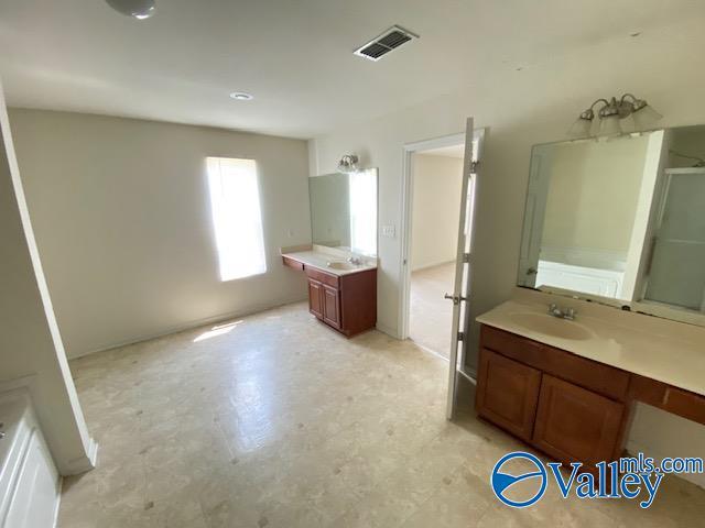 bathroom with a shower with shower door, two vanities, a sink, and visible vents