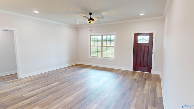 13680 Grigsby Ferry Rd, Elkmont, AL 35620 - entrance foyer featuring ceiling fan, light wood finished floors, baseboards, recessed lighting, and ornamental molding