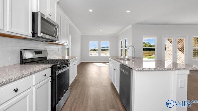 kitchen featuring stainless steel appliances, a center island with sink, a wealth of natural light, and sink