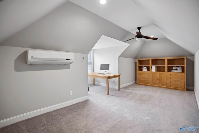 additional living space featuring a wall unit AC, ceiling fan, light carpet, and baseboards