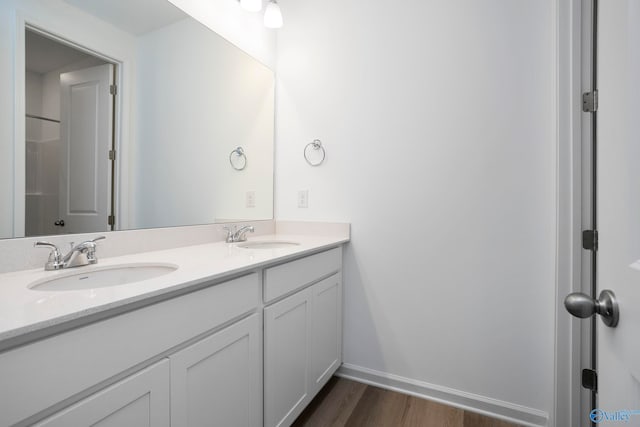 bathroom featuring walk in shower, vanity, and wood-type flooring