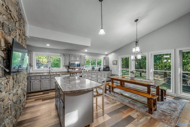 kitchen with a center island, stainless steel appliances, hardwood / wood-style flooring, gray cabinetry, and decorative light fixtures