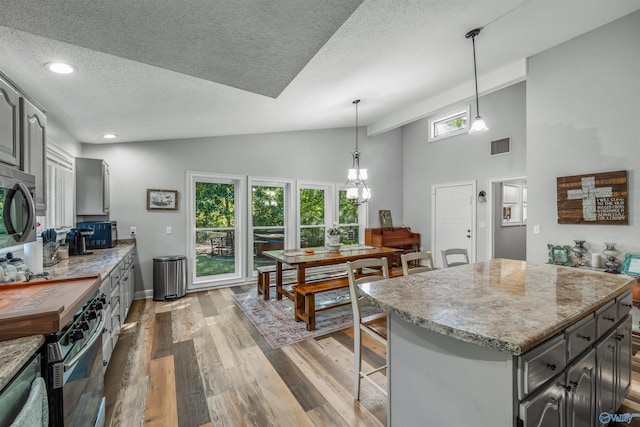 kitchen with light wood-type flooring, gray cabinetry, a chandelier, appliances with stainless steel finishes, and a textured ceiling