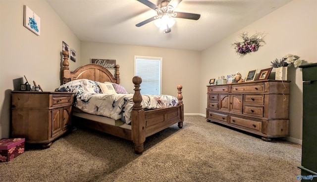 carpeted bedroom with baseboards and a ceiling fan