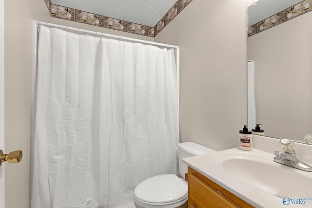 14249 Parker Rd, Athens, AL 35611 - bathroom with toilet, vanity, a textured ceiling, and a shower with shower curtain