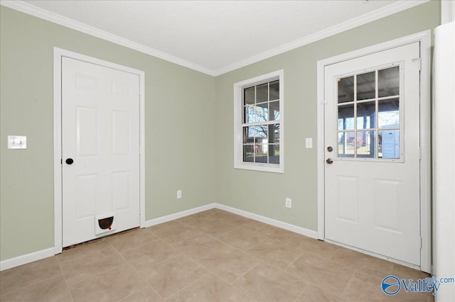 doorway with light tile patterned floors and ornamental molding