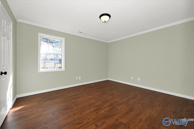 unfurnished bedroom featuring ornamental molding, dark wood-type flooring, and a textured ceiling