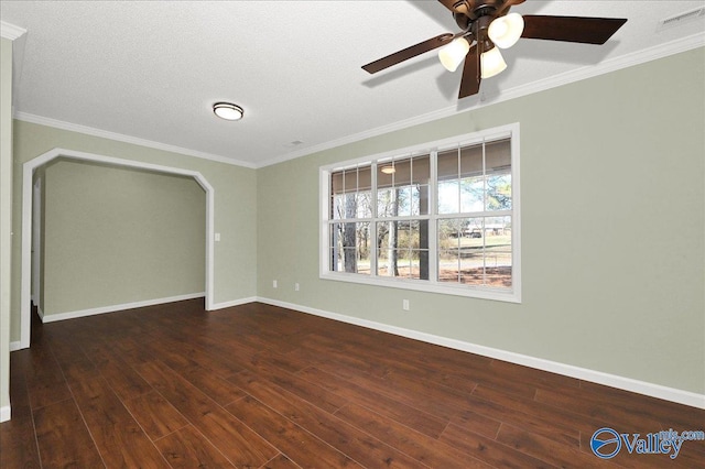 interior space featuring ornamental molding, dark hardwood / wood-style floors, and ceiling fan