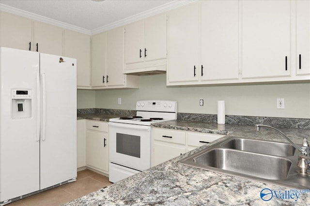 kitchen featuring sink, white appliances, ornamental molding, and white cabinets