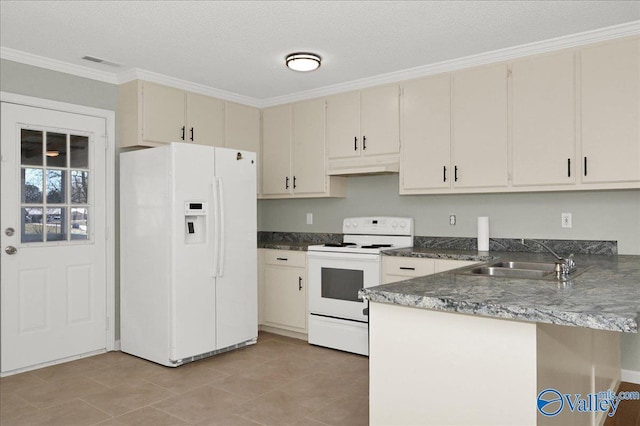 kitchen featuring sink, ornamental molding, kitchen peninsula, cream cabinets, and white appliances