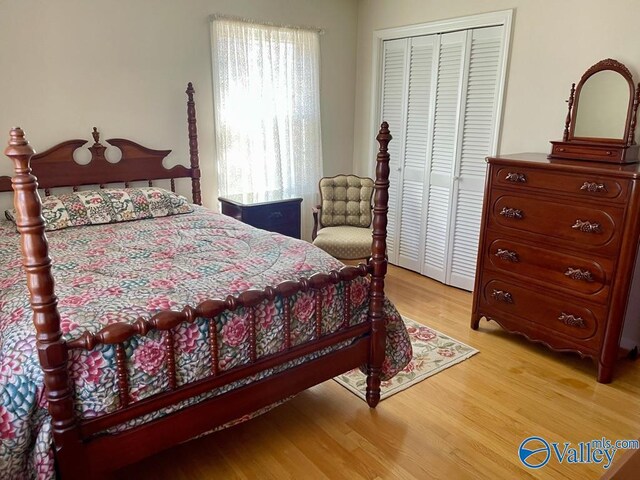 bedroom with light wood finished floors and a closet