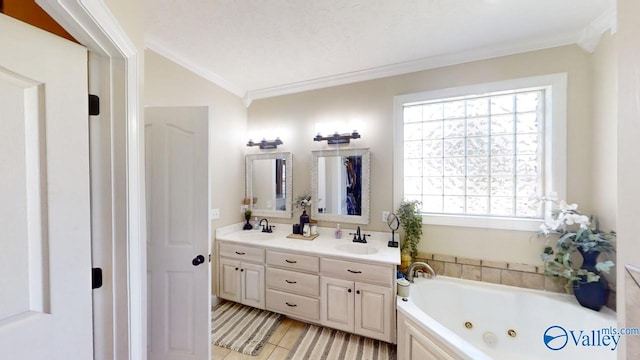 bathroom featuring crown molding, vanity, and a bath