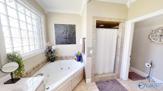 bathroom featuring crown molding, vanity, separate shower and tub, and tile patterned floors