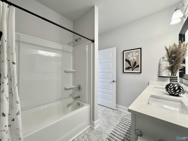 bathroom featuring shower / bath combination with curtain and vanity