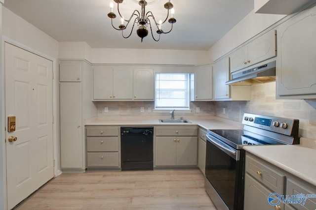 8201 Willowbrook Cir Unit B, Huntsville, AL 35802 - kitchen with dishwasher, stainless steel range with electric stovetop, under cabinet range hood, a sink, and a chandelier