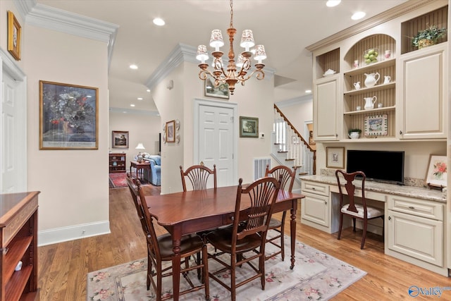 dining space with ornamental molding, recessed lighting, built in study area, and light wood finished floors