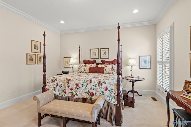 bedroom with light carpet, baseboards, visible vents, and crown molding