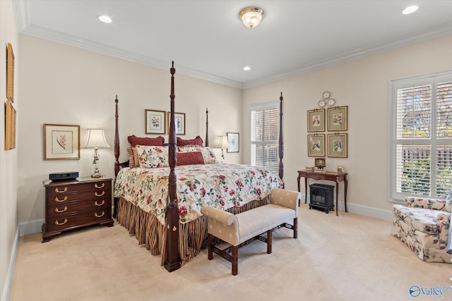 bedroom featuring baseboards, ornamental molding, recessed lighting, and light colored carpet