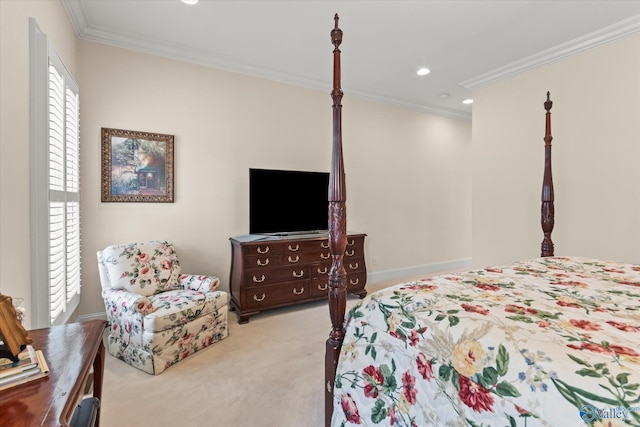 bedroom with baseboards, ornamental molding, carpet flooring, and recessed lighting