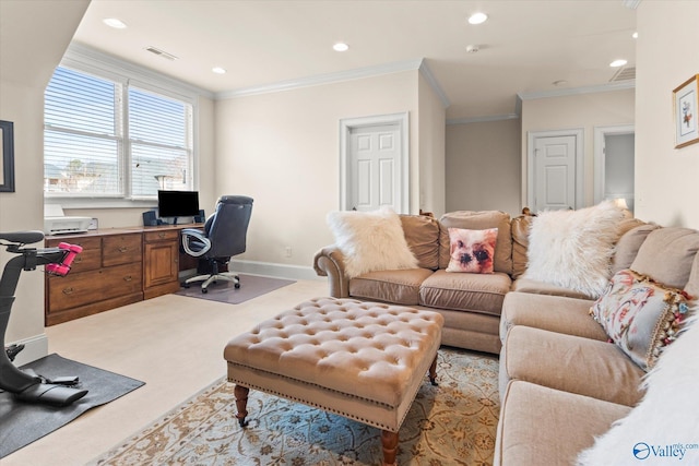 interior space featuring baseboards, visible vents, crown molding, and light colored carpet