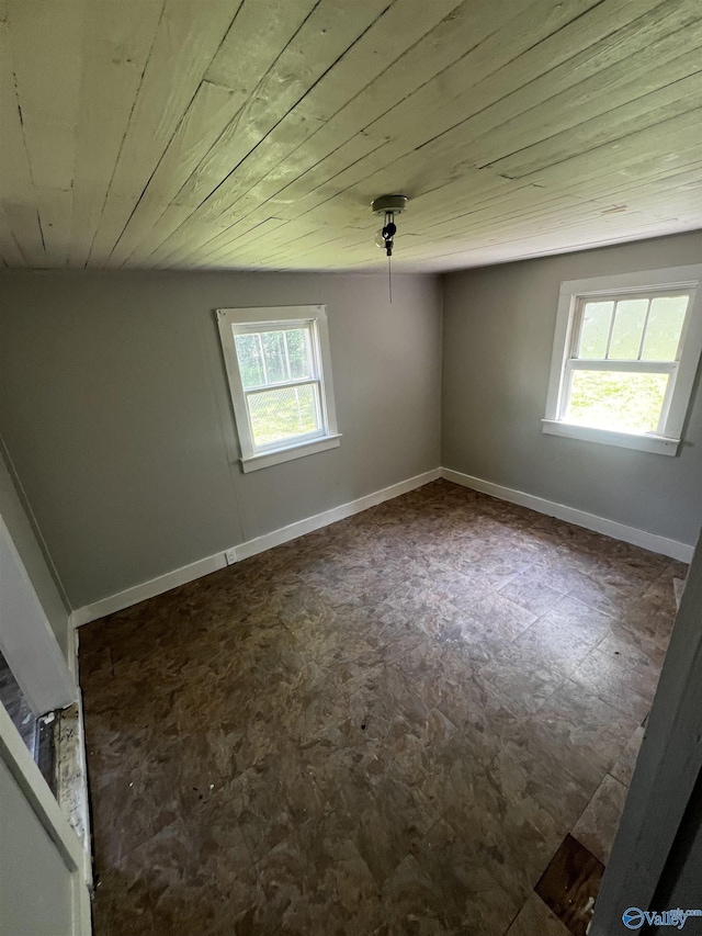 empty room with wooden ceiling and baseboards