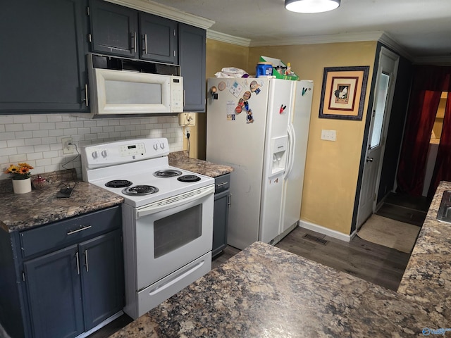 kitchen featuring white appliances, dark hardwood / wood-style floors, ornamental molding, and backsplash