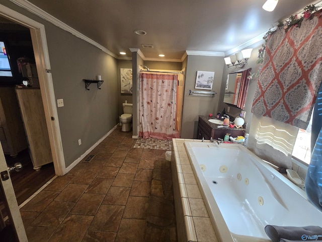 full bathroom with shower with separate bathtub, vanity, toilet, and crown molding