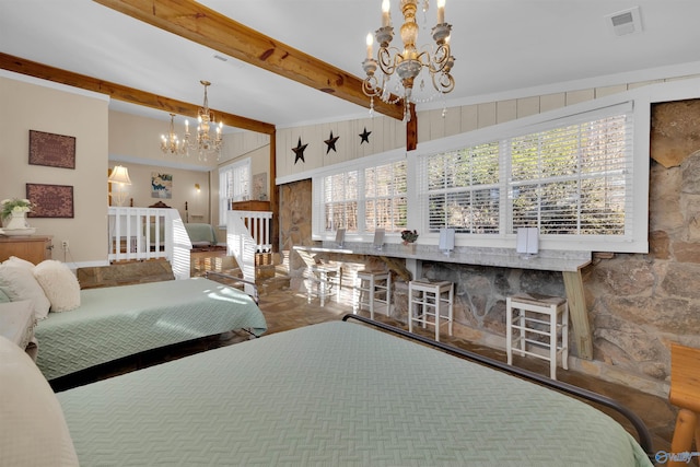 bedroom featuring beamed ceiling, baseboards, visible vents, and a chandelier