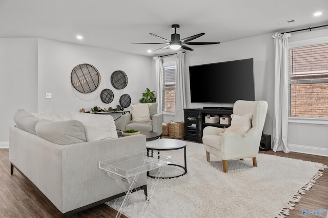 132 Fall Meadow Dr, Harvest, AL 35749 - living room featuring ceiling fan, wood finished floors, recessed lighting, and baseboards