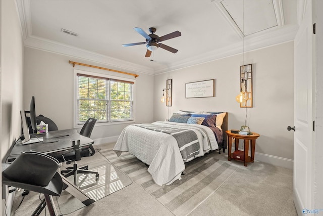 carpeted bedroom featuring ornamental molding