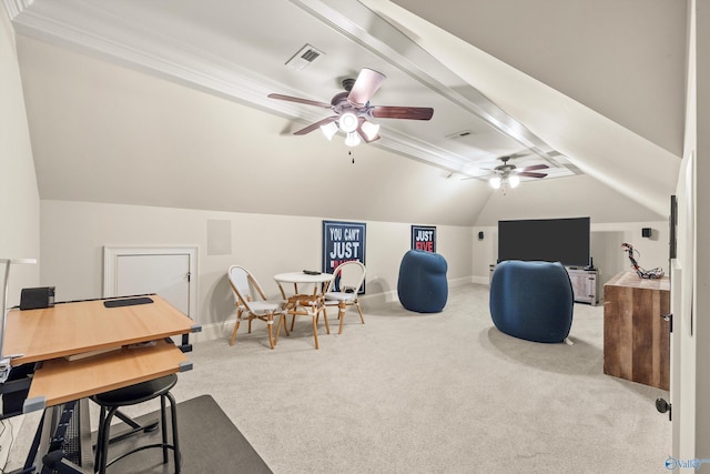 carpeted home office featuring vaulted ceiling with beams and ceiling fan