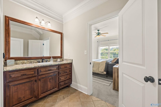 bathroom with vanity, tile patterned floors, ornamental molding, and ceiling fan