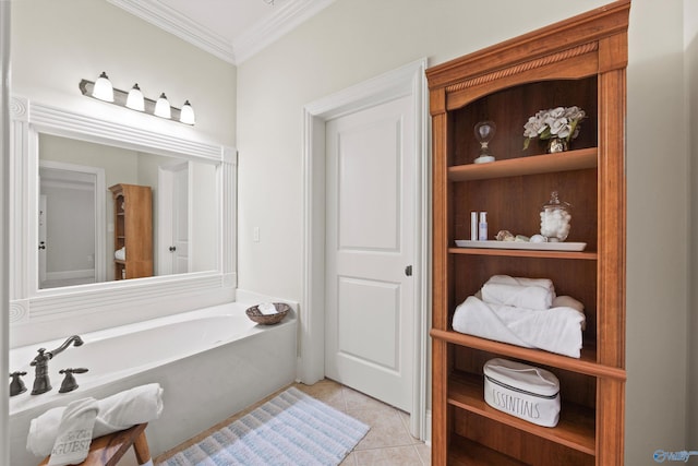 bathroom featuring ornamental molding, tile patterned floors, and a bathing tub