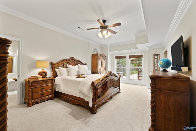 carpeted bedroom with crown molding and ceiling fan