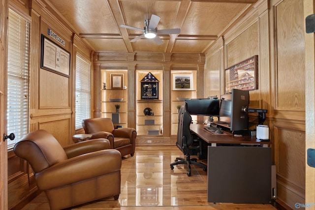 office area featuring wooden ceiling, coffered ceiling, light hardwood / wood-style floors, and wood walls