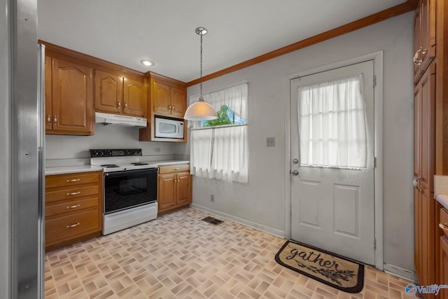 4109 Coffee Cir SW, Huntsville, AL 35805 - kitchen featuring white appliances, under cabinet range hood, brick patterned floors, light countertops, and ornamental molding