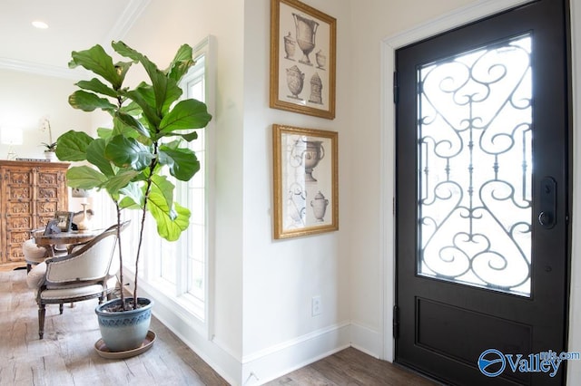 entryway featuring hardwood / wood-style flooring and crown molding