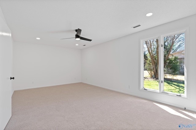 spare room with light carpet, visible vents, and a healthy amount of sunlight