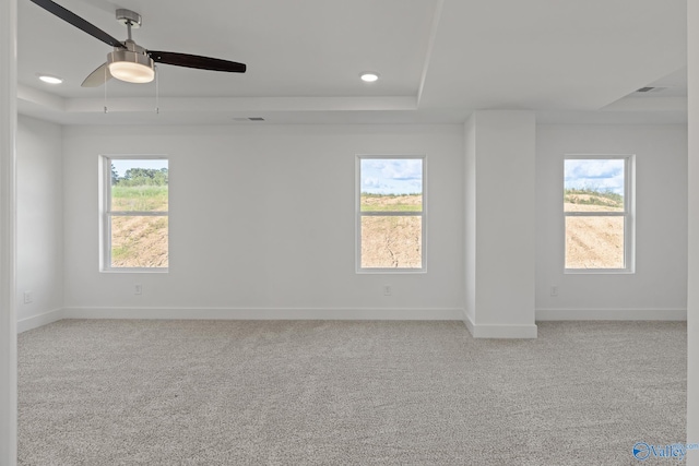 carpeted empty room with a healthy amount of sunlight, ceiling fan, and a raised ceiling