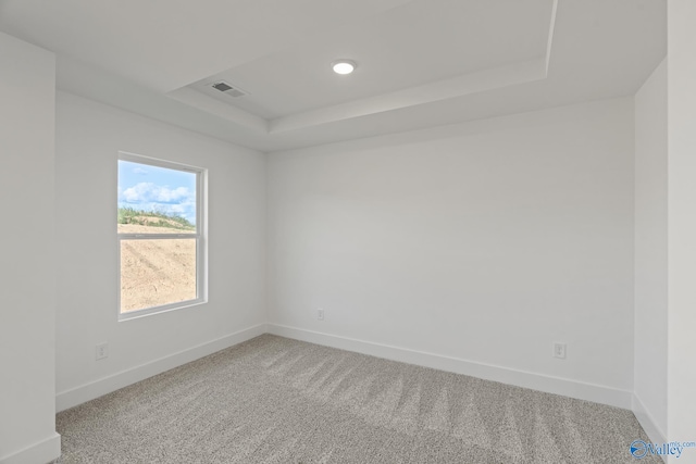 carpeted spare room with a tray ceiling