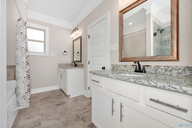 bathroom with crown molding, vanity, and shower with separate bathtub