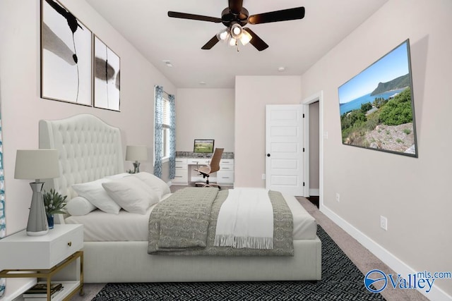 carpeted bedroom with ceiling fan