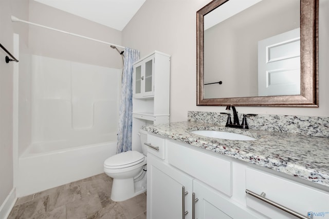 full bathroom with vanity, toilet, shower / tub combo, and vaulted ceiling