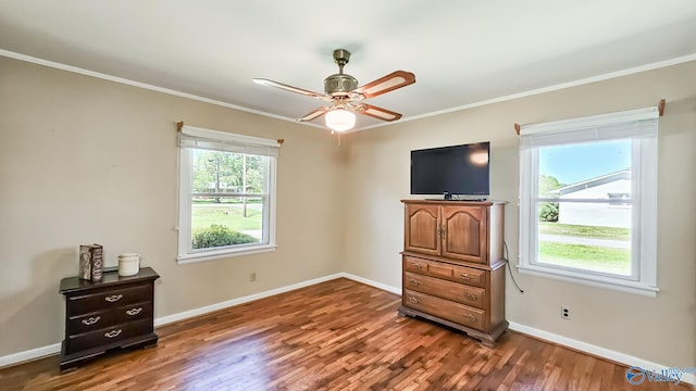 1411 W Washington St, Athens, AL 35611 - bedroom featuring baseboards, ornamental molding, a ceiling fan, and wood finished floors