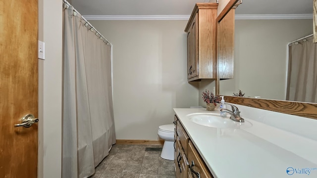 1411 W Washington St, Athens, AL 35611 - full bath featuring vanity, ornamental molding, toilet, baseboards, and a shower with curtain