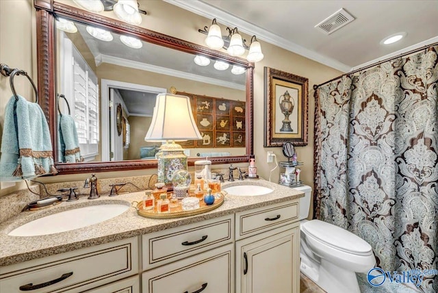 bathroom featuring vanity, ornamental molding, walk in shower, and toilet