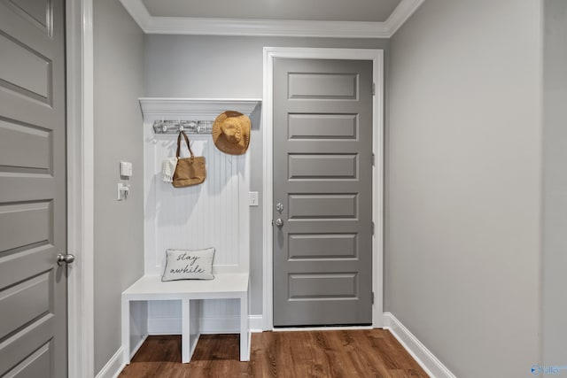 mudroom featuring hardwood / wood-style flooring and ornamental molding