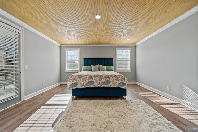 bedroom with access to outside, multiple windows, and ornamental molding